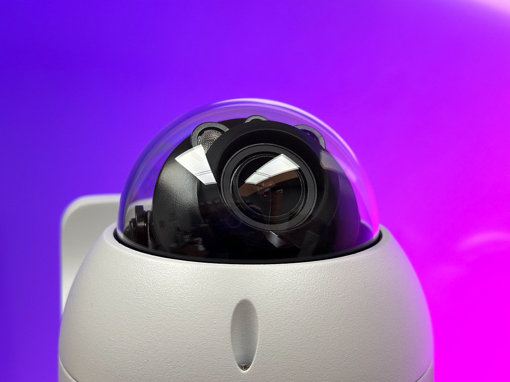 Close-up of an installed IP security camera used for CCTV monitoring